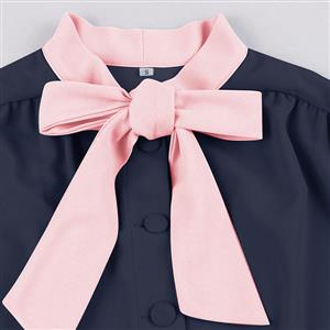 Vintage Tie Collar Front Button Short Sleeve Solid Color High Waist Cocktail Party Midi Dress N23557