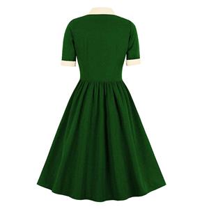 Vintage Tie Collar Front Button Short Sleeve High Waist Cocktail Party Midi Dress N21602