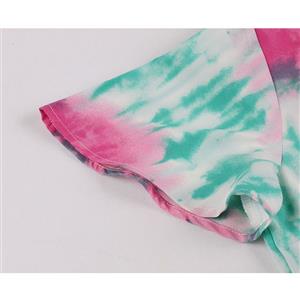 Sexy Contrast Color Tie-dye Print Lapel Short Sleeve High Waist Ruffle Midi Dress N20954