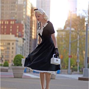 Vintage Black V Neck Bowknot Short Sleeve Cocktail Bridesmaid Stitching Dress N20956