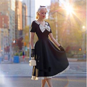 Vintage Black V Neck Bowknot Short Sleeve Cocktail Bridesmaid Stitching Dress N20956