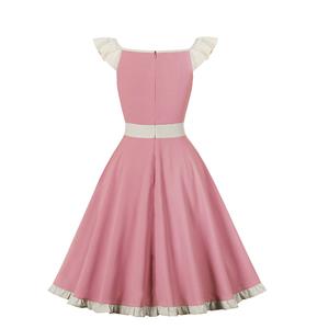 Vintage Pink V Neck Zipper Flying Sleeve High Waist Summer Daily Swing Dress N23142