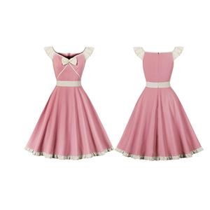 Vintage Pink V Neck Zipper Flying Sleeve High Waist Summer Daily Swing Dress N23142