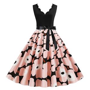 Vintage V Neck Pink Flowers Print Splice Sleeveless High Waist Belted Party Swing Dress N20356