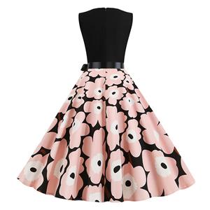 Vintage V Neck Pink Flowers Print Splice Sleeveless High Waist Belted Party Swing Dress N20356