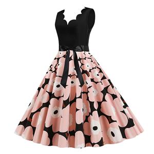 Vintage V Neck Pink Flowers Print Splice Sleeveless High Waist Belted Party Swing Dress N20356