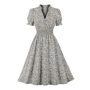 Retro Floral Print V Neckline Puff Sleeve Elastic Waist Rockabilly Cocktail Party Swing Dress N22110