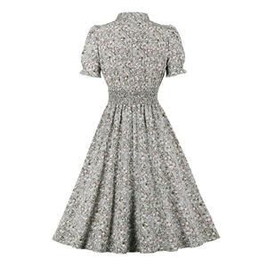 Retro Floral Print V Neckline Puff Sleeve Elastic Waist Rockabilly Cocktail Party Swing Dress N22110