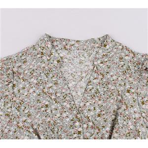 Retro Floral Print V Neckline Puff Sleeve Elastic Waist Rockabilly Cocktail Party Swing Dress N22110