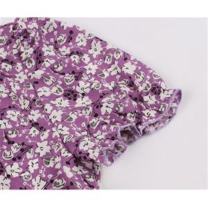 Retro Floral Print V Neckline Puff Sleeve High Waist Rockabilly Daily Swing Dress N22111