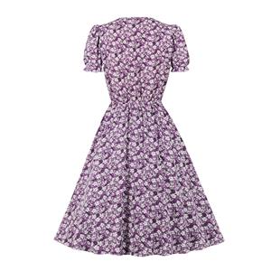 Retro Floral Print V Neckline Puff Sleeve High Waist Rockabilly Daily Swing Dress N22111