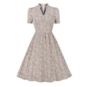 Vintage Floral Print V Neckline Short Sleeve High Waist Summer Cocktail Party Midi Dress N22113