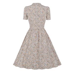 Vintage Floral Print V Neckline Short Sleeve High Waist Summer Cocktail Party Midi Dress N22113