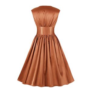 Vintage Rockabilly Glossy V Neckline Front Button Sleeveless High Waist Cocktail Swing Dress N22090