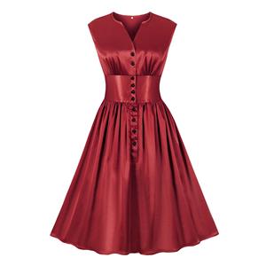 Vintage Rockabilly Glossy V Neckline Front Button Sleeveless High Waist Cocktail Swing Dress N22092