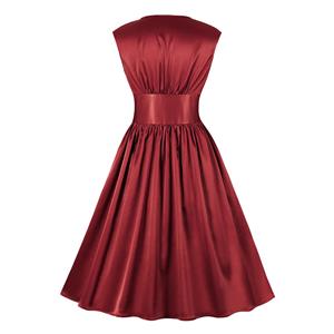 Vintage Rockabilly Glossy V Neckline Front Button Sleeveless High Waist Cocktail Swing Dress N22092