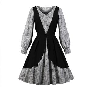 Vintage Fake Two Pieces V Neckline Wood Grain Printed Puff Sleeves High Waist Dress N18217