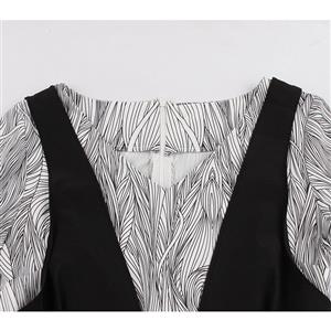 Vintage Fake Two Pieces V Neckline Wood Grain Printed Puff Sleeves High Waist Dress N18217