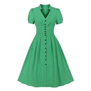 Vintage Solid Color V Neckline Front Button Short Sleeve Wide Waist Summer Daily Swing Dress N22120