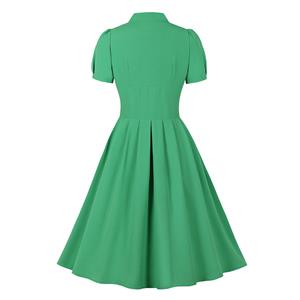 Vintage Solid Color V Neckline Front Button Short Sleeve Wide Waist Summer Daily Swing Dress N22120