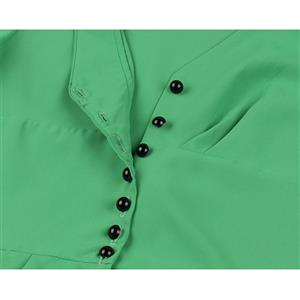 Vintage Solid Color V Neckline Front Button Short Sleeve Wide Waist Summer Daily Swing Dress N22120