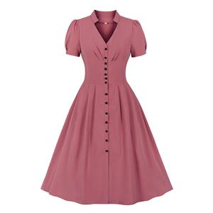 Vintage Solid Color V Neckline Front Button Short Sleeve Wide Waist Summer Daily Swing Dress N22121