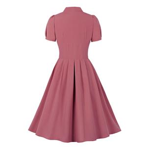 Vintage Solid Color V Neckline Front Button Short Sleeve Wide Waist Summer Daily Swing Dress N22121