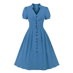 Vintage Solid Color V Neckline Front Button Short Sleeve Wide Waist Summer Daily Swing Dress N22122