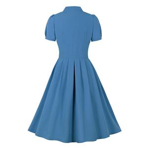Vintage Solid Color V Neckline Front Button Short Sleeve Wide Waist Summer Daily Swing Dress N22122