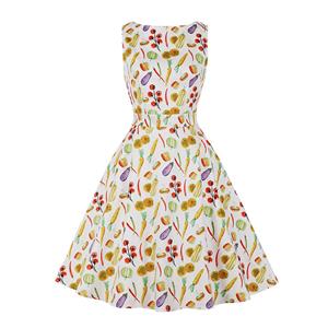 Retro Rockabilly Vegetable Print Round Neckline Sleeveless High Waist Summer Swing Dress N21863