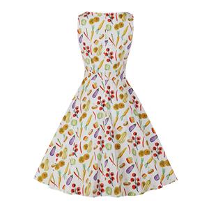 Retro Rockabilly Vegetable Print Round Neckline Sleeveless High Waist Summer Swing Dress N21863