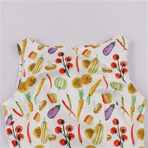 Retro Rockabilly Vegetable Print Round Neckline Sleeveless High Waist Summer Swing Dress N21863