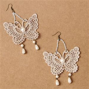 Vintage Elegant White Butterfly Floral Lace with White Bead Drop Earrings J18393