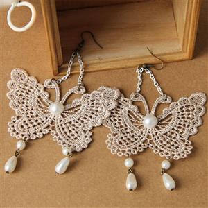 Vintage Elegant White Butterfly Floral Lace with White Bead Drop Earrings J18393