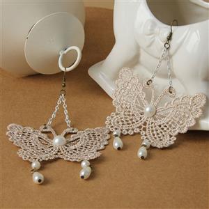 Vintage Elegant White Butterfly Floral Lace with White Bead Drop Earrings J18393