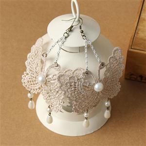 Vintage Elegant White Butterfly Floral Lace with White Bead Drop Earrings J18393