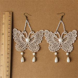 Vintage Elegant White Butterfly Floral Lace with White Bead Drop Earrings J18393