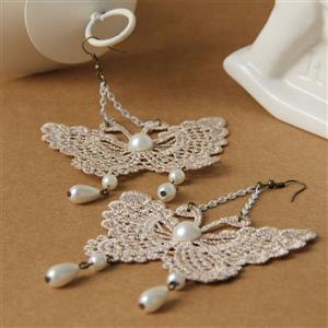 Vintage Elegant White Butterfly Floral Lace with White Bead Drop Earrings J18393