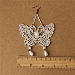 Vintage Elegant White Butterfly Floral Lace with White Bead Drop Earrings J18393