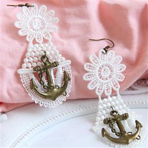 Vintage Exaggerated White Floral Lace Bronze Anchor Earrings J18425