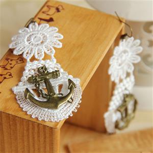 Vintage Exaggerated White Floral Lace Bronze Anchor Earrings J18425