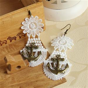 Vintage Exaggerated White Floral Lace Bronze Anchor Earrings J18425