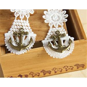 Vintage Exaggerated White Floral Lace Bronze Anchor Earrings J18425