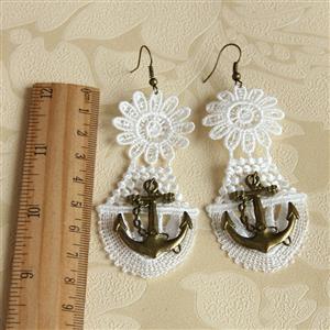 Vintage Exaggerated White Floral Lace Bronze Anchor Earrings J18425