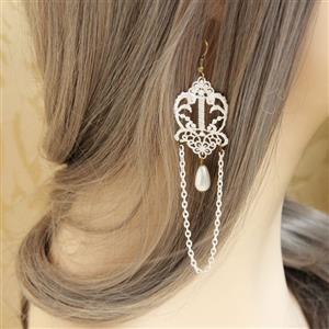 Vintage White Floral Lace with White Chain and Bead Drop Earrings J18410