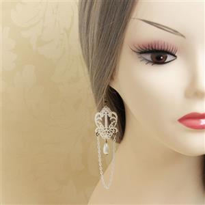 Vintage White Floral Lace with White Chain and Bead Drop Earrings J18410