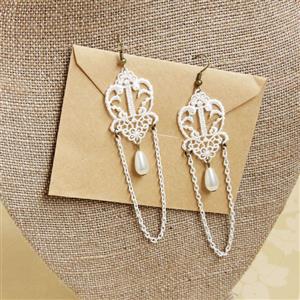 Vintage White Floral Lace with White Chain and Bead Drop Earrings J18410