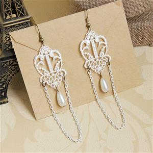 Vintage White Floral Lace with White Chain and Bead Drop Earrings J18410