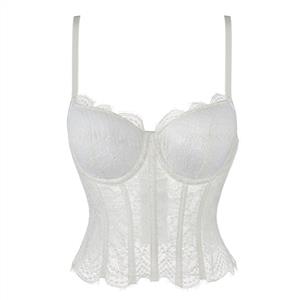 white corset top, sheer mesh corset, lace bustier, boned bodice, adjustable spaghetti straps, front clasp top, lingerie inspired top, women's corset, fitted top, date night outfit, layering piece, clubwear top, sexy evening top, structured bodice, white lace top #N23943