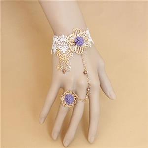 Vintage White Lace Wristband Golden Butterfly Flower Embellished Bracelet with Ring J18125